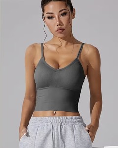Seamless <b>Longline</b> Workout Crop Top for Women | Low Back Strappy Fitness <b>Bra</b> | Removable Cup White Ribbed Athletic Camisole - Product Image 1