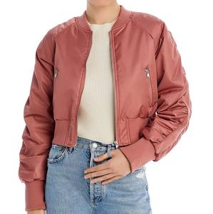 Custom OEM Services Wholesale Pink Color Blank Bomber Jackets With Pockets Crop Top Outerwear Water Resistant <b>Women</b> Jackets - Product Image 1