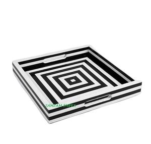 Handmade Modern Square <b>Tray</b> with <b>Black</b> and White Resin Inlay for Tea Snacks Home Decor and Gifting - Product Image 1
