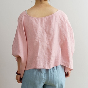 T-shirt court pour femme, bleu clair, manches courtes, col rond, coupe ample, en coton tricoté, couleur unie, respirant, pour le printemps - Product Image 3