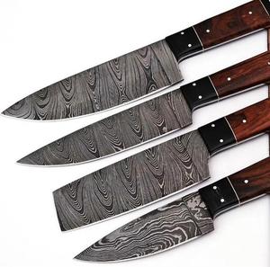 Couteaux de chef de style traditionnel, 4 pièces, motif Damas, avec manche en bois, bord dentelé tranchant, multi-usages, écologiques - Product Image 6