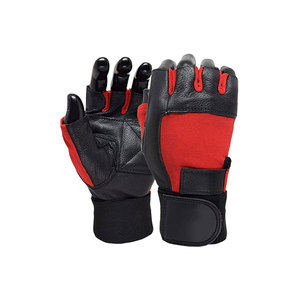 Guantes de gimnasio de cuero de medio dedo con correa de muñeca ajustable para levantamiento de pesas, unisex, rojo y negro - Product Image 1