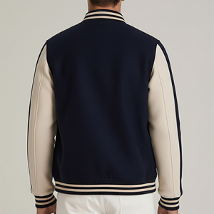 Men's Varsity Jacket Navy Beige Fleece Embroidered Logo Front Casual Autumn Wear Regular Fit Turn-down Collar - Product Image 5