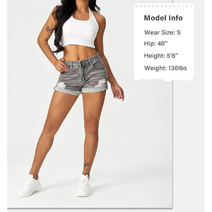 Shorts en jean gris taille haute déchirés et extensibles pour femme avec ourlet retroussé et poches - Product Image 3