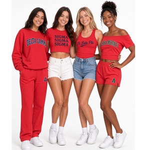 Ensemble Crop Top et Short Personnalisé à Lettres Grecques pour Femme, Rouge, Décontracté, Printemps-Été, 100% Coton Tricoté Respirant, Col Rond - Product Image 1