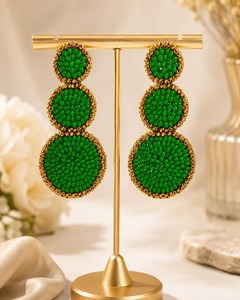 Boucles d'oreilles pendantes triple cercle faites à la main, style bohème, avec perles de rocaille vertes, pour femmes, vente en gros - Product Image 4
