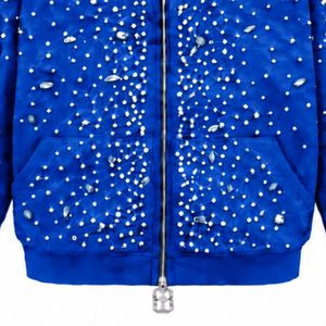 Customized Royal Blue Pearl Full <b>Zip</b> <b>Hoodie</b> Pearl Studded Streetwear Jacket Long Sleeve Hooded Sweatshirt With Front <b>Pockets</b> - Product Image 5