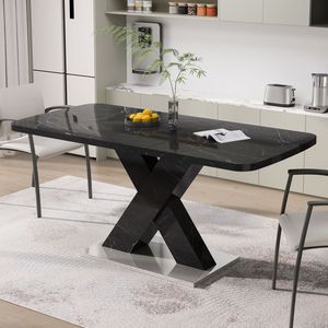 Tavolo da Pranzo Moderno Quadrato con Piano in Marmo Nero Stampato Estensibile e Base in Metallo a X in MDF W757S0001 - Product Image 1