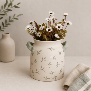 Hand Painted Ceramic <b>Utensil</b> Holder Dual Handle Farmhouse Design Smooth Glaze High Fired Durable Kitchen Counter Storage Jar - Product Image 1