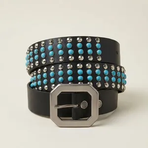 Ceinture décontractée en cuir de vachette 100% authentique, boucle carrée en alliage, longueur réglable, haute résistance, design clouté robuste - Product Image 4