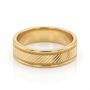 Bague de mariage en or 18 carats, style vintage, avec bande rainurée et bord perlé, bijoux de mariage pour homme et femme - Product Image 1