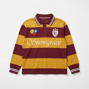 เสื้อรักบี้แขนยาวลายทาง Snowgrace ปักโลโก้ คอปกพับได้ ทรงปกติ เสื้อผ้าสำหรับทุกเพศ - Product Image 1