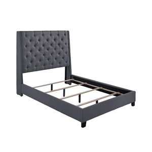 Letto matrimoniale imbottito in stile contemporaneo con testiera a pannello, trapuntatura a bottoni, ali laterali e finiture con borchie, 1 pezzo, finitura grigia, mobili per camera da letto - Product Image 2