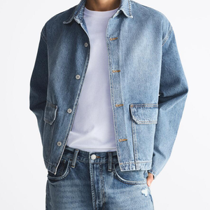 Chaqueta Vaquera Clásica Personalizada Y2K, Chaqueta Azul Lavada con Cuello para Hombre, Ropa Exterior con Bolsillo - Product Image 3