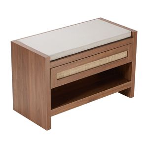 Panca Portascarpe in Rattan da 78,5 cm con Cassetto Contenitore, Stile Rustico Boho, Panca da Ingresso con Semplice Cuscino in Lino - Product Image 1