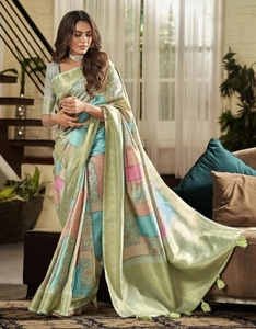 KV Women's Digital Print Woven Embellished Handloom Silk Blend Wrinkle Free Autumn Saree Unstitched <b>Blouse</b> (Light Green <b>Gold</b> - Product Image 2