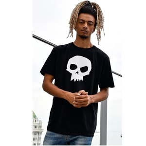 Men's Black Short Sleeve T-Shirt With White <b>Skull</b> Print Casual O-Neck Regular Fit Jersey Cotton <b>Top</b> - Product Image 3