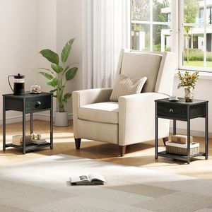 Ensemble de 2 tables de chevet industrielles avec tiroir en tissu et étagère de rangement, meubles de chambre en bois de pin massif - Product Image 5