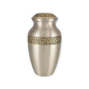Urna Funeraria de Plata Satinada de Tamaño Completo con Elegante Banda Floral Grabada y Acabado Mate Suave para un Recuerdo Atemporal - Product Image 1