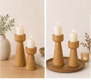 Handmade Solid Mango Wood Pillar Candle Holder Set Of 2 Minimalist Natural Grain Candlestick Stand For Luxury Home Decor Table - Product Image 6