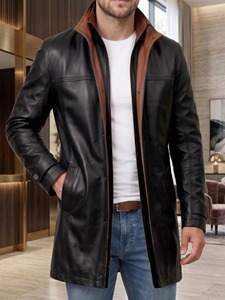<b>Mens</b> <b>Black</b> Lambskin Leather Car <b>Coat</b> <b>Long</b> Length Wide Lapel Biker Style - Product Image 4