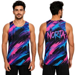 Camisetas Deportivas para Hombre, Transpirables, de Secado Rápido, con Estampado de Pinceladas Sublimadas en Rosa y Azul, de Malla Interlock de Poliéster de 220 GSM - Product Image 1