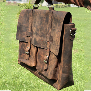 Distressed Genuine Leather Laptop <b>Bag</b> for <b>Men</b> Vintage Brown Dual Front Pockets Rustic Satchel <b>Messenger</b> Crossbody Travel - Product Image 2