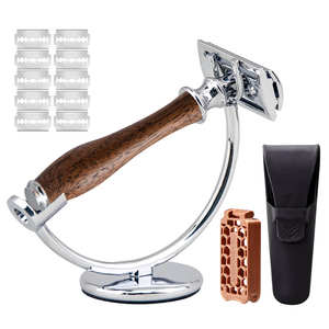 Juego de afeitadoras de seguridad de doble hoja de acero inoxidable con mango de madera para hombres - Uso en viajes y en casa, logotipo personalizado disponible - Product Image 1