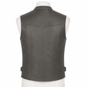<b>Men's</b> Gray Genuine Leather Windproof <b>Vest</b> Stand Collar Zipper Front Moto Biker <b>Waistcoat</b> for Winter - Product Image 3