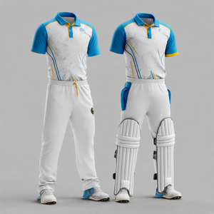 Ensemble uniforme de cricket blanc à manches courtes pour homme avec accents bleus, vêtements de sport respirants en polyester, coupe classique, toutes saisons - Product Image 1