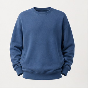 Sudadera Personalizada para Hombre, Estilo Holgado, Cuello Redondo, Color Azul Denim, Felpa de Algodón Lavado, Modelo MCRW-0041 - Product Image 1