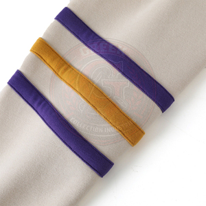 Cardigan en tricot blanc cassé 100% coton Omega Psi P, broderie à rayures violettes et dorées, lettres grecques, col en V, pull pour homme - Product Image 4