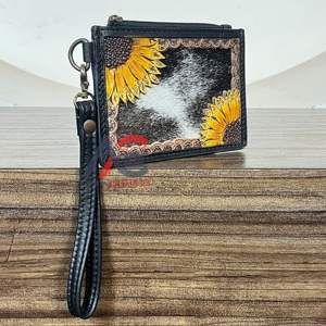 Premium Black Hand Tooled Genuine Fur Leather <b>Card</b> Holder Sunflower Design Mini Coin & <b>Credit</b> <b>Card</b> Holder Wristlet Unisex <b>Wallet</b> - Product Image 1