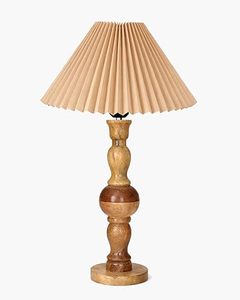 Handcrafted Wooden <b>Table</b> Lamp Pleated Fabric Shade <b>Vintage</b> <b>Bedside</b> Nightstand Lamp Indoor Home Decor - Product Image 2