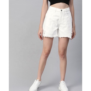 <b>White</b> High Waist Ripped Denim Shorts For Women Casual Summer Wear Button Closure Distressed Style Frayed Hem - Product Image 2