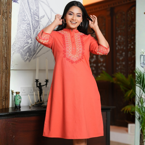 Elegante Vestido de Lino Viscosa Naranja para Mujer - Product Image 2