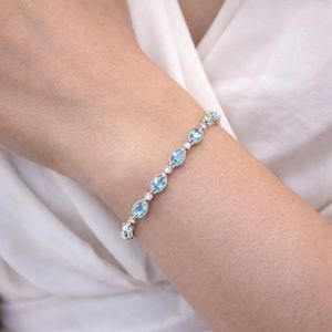 Bracelet de fiançailles et de mariage en aquamarine naturelle taille ovale, or blanc 18 carats, pierre précieuse bleue de luxe, cadeau pour femme - Product Image 2