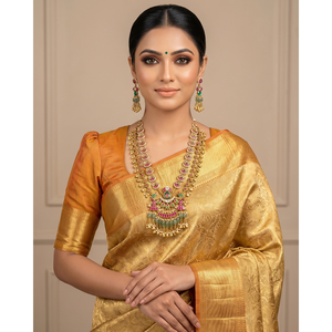 Indian Ethnic Dipti Pachi Kundan Semi Long <b>Gold</b> Plated Bridal Necklace <b>Set</b> with Earrings - Product Image 1