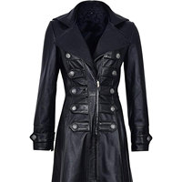 Manteau trench en similicuir noir pour femmes - Long manteau style gothique rock à double boutonnage