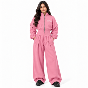 Custom Logo Pink <b>Women</b> Cropped Full Zip <b>Jacket</b> Wide Leg Sweatpants Tracksuit High Waist Fleece Two Piece Matching Sets Supplier - Product Image 1