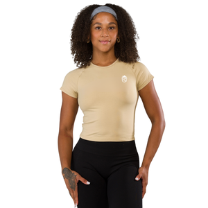 T-shirt de performance pour femme, coupe ajustée, manches courtes, tissu léger et doux, style crop, décontracté et sportif, coupe basique Pro. - Product Image 1