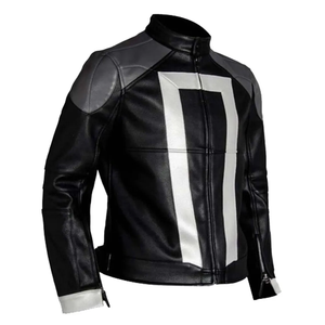 Men Genuine Leather Motorcycle Jacket Black White Color Blocking Stand Collar Zipper Closure Moto Biker Style Autumn Wear - Product Image 2
