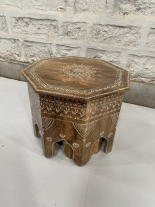 Solid <b>Wooden</b> Hand Painted Nesting <b>Tables</b> Set of 3 Octagonal Brown <b>Coffee</b> <b>Tables</b> with Traditional White Tribal Patterns - Product Image 1