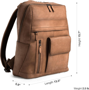 Brown <b>Leather</b> Travel <b>Backpack</b> for <b>Men</b> & Women 15 Inch Laptop Bag Vintage Multi Pocket <b>Backpack</b> with Trolley Sleeve - Product Image 5