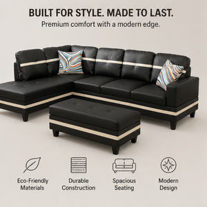 Ensemble de canapés en cuir de luxe de style moderne, sectionnel en L pour chambre à coucher, avec accoudoirs carrés et dossier capitonné, mobilier de salon écologique - Product Image 2