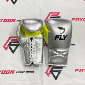 Fly New Model Silver & <b>Green</b> Custom Made Professional Genuine Leather Boxing Gloves <b>Laced</b> Up Hook & Loop Sparring Gloves - Product Image 1
