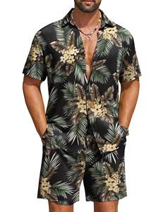 mens black yellow tropical floral palm leaf print <b>short</b> <b>sleeve</b> lapel <b>button</b> <b>up</b> shirt matching <b>shorts</b> 2 piece set casual hawaiian - Product Image 2