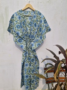 Blue Floral Cotton Kimono <b>Dress</b> Women <b>Summer</b> Beach Kaftan Robe <b>Boho</b> Lounge Wear Loose Fit Casual Vacation Outfit - Product Image 2