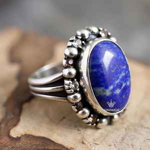 Bague en argent sterling faite à la main de style Boho vintage pour femmes bijoux de mode avec pierre précieuse Lapis Lazuli bleu - Product Image 6