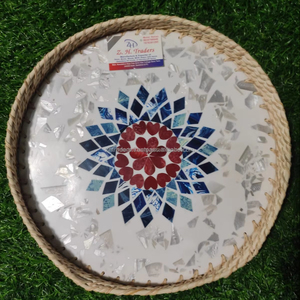 Juego de bandejas redondas de ratán con incrustaciones de nácar, estilo lujoso, precio asequible, ideal para regalar y para servir, Shahi Saaj, artesanía india. - Product Image 1